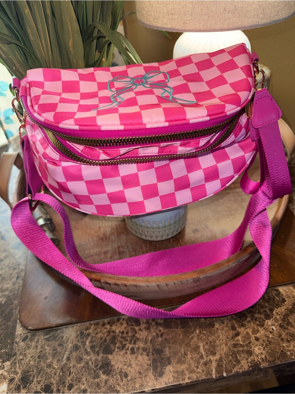 Pink Checkered Crossbody Bag with Bow Accent